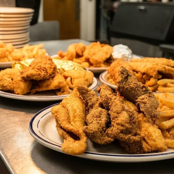 Multiple plates of fried fish and french fries on a stainless steel counter in a commercial kitchen.
