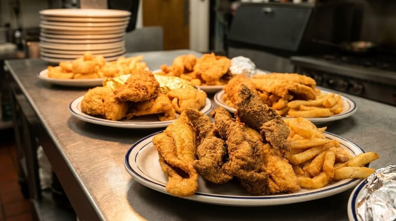 Multiple plates of fried fish and french fries on a stainless steel counter in a commercial kitchen.