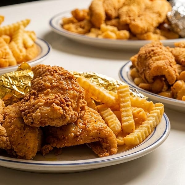 Three plates of golden-fried chicken tenders and crinkle-cut fries on a white table.