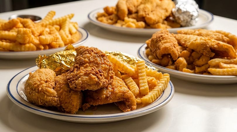 Three plates of golden-fried chicken tenders and crinkle-cut fries on a white table.