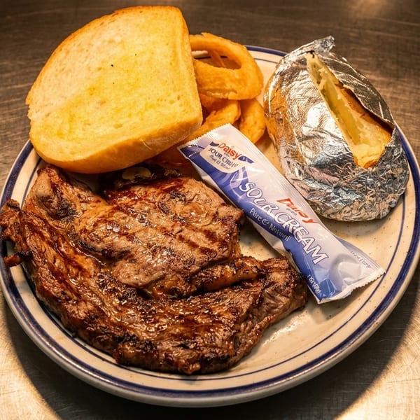 Grilled steak, baked potato, onion rings, garlic bread, and sour cream on a plate.