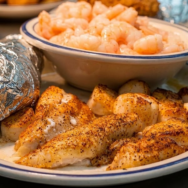 A plate of seasoned fish fillets, scallops, a foil-wrapped potato, and a bowl of shrimp.