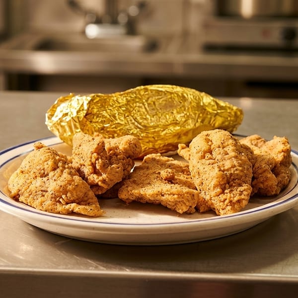 Crispy fried chicken pieces and a foil-wrapped baked potato on a plate in a commercial kitchen.