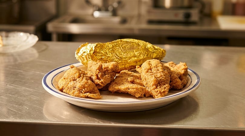 Crispy fried chicken pieces and a foil-wrapped baked potato on a plate in a commercial kitchen.